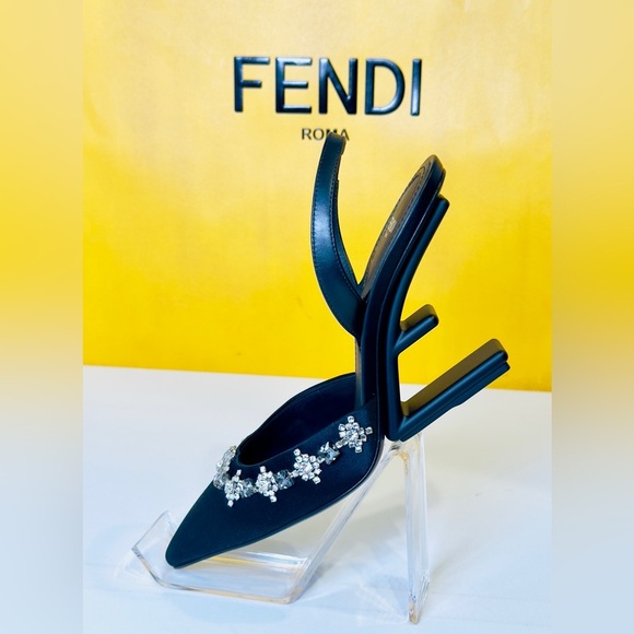 Fendi First Slingback Heels Black Satin With Nero Crystal Size 37.5 Retail$1790 - Picture 4 of 16